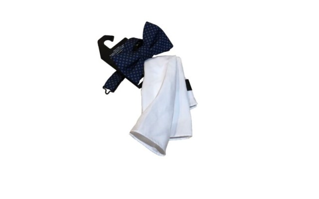 Alfani Mens Blue Small Plaid Bow Tie Pocket Square Set