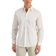 Alfani Men’s Regular-Fit Stretch Geo-Print Poplin Shirt, Egret, Large