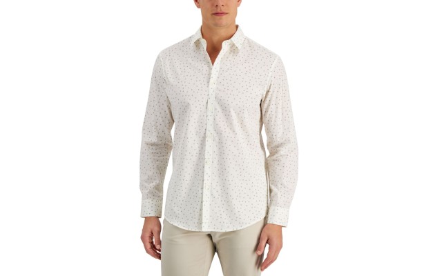  Men’s Regular-Fit Stretch Geo-Print Poplin Shirt, Egret, Large