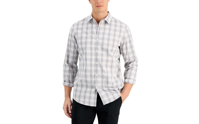  Men’s Regular-Fit Yarn-Dyed Plaid Poplin Shirt, Grey Heather, Medium