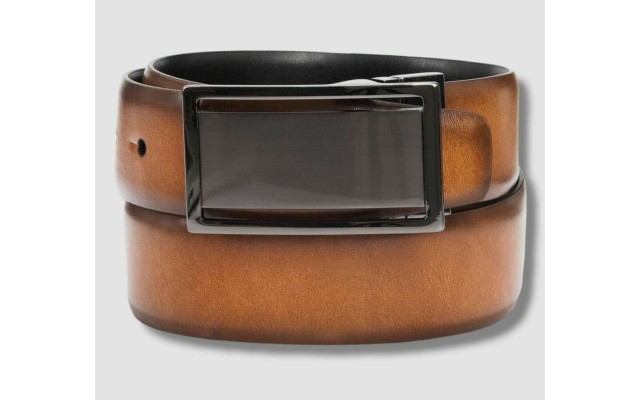  Men’s Reversible Cut-Out Plaque Belt, Tan/Black