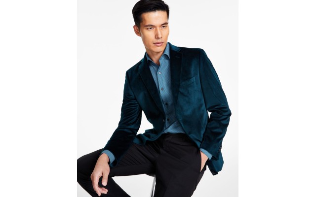  Men’s Slim-Fit Solid Velvet Sport Coats, Teal, 36R