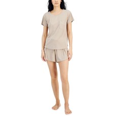 Alfani Pocket T-Shirt & Tulip-Hem Shorts Pajama Set, Beige, Small