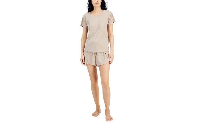  Pocket T-Shirt & Tulip-Hem Shorts Pajama Set, Beige, Small