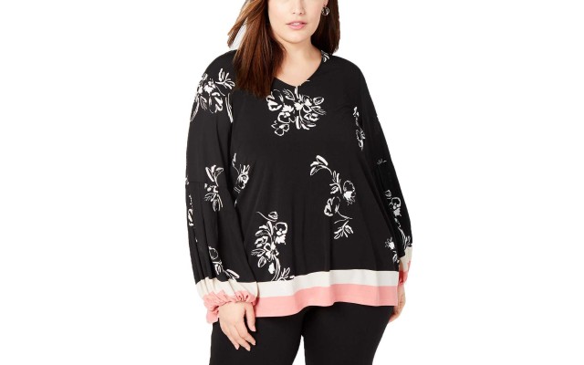 Women’s Plus Size Printed Bishop-Sleeve Blouse Tops, Black, 1X Plus