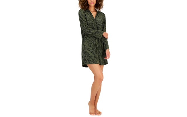 Women’s Printed Point-Collar Chemise Nightgown, Green, Small