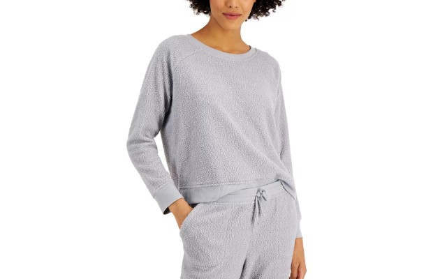  Womens Sherpa Pajama Top, Grey, Small