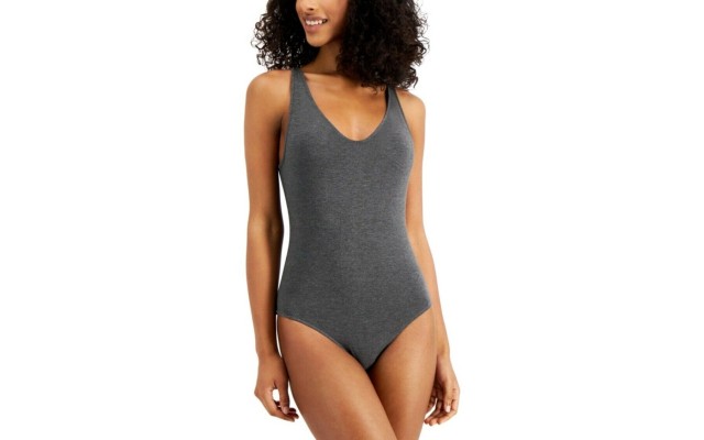  Womens Super Soft Modal V-Neck Sleeveless Bodysuit, Charcoal, X-Large