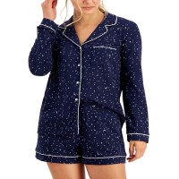 Alfani Womens Ultra-Soft Notch Collar Shirt & Shorts Pajama Set, Large, Black