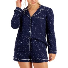Alfani Womens Ultra-Soft Notch Collar Shirt & Shorts Pajama Set, Large, Black
