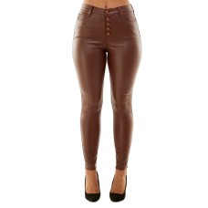 Almost Famous Crave Fame Juniors’ Faux-Leather Exposed-Button High-Rise Skinny Jeans, Brown, 9