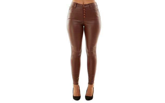  Crave Fame Juniors’ Faux-Leather Exposed-Button High-Rise Skinny Jeans, Brown, 9