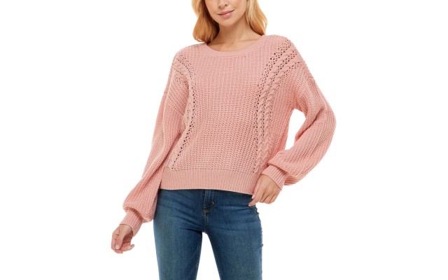  Juniors’ Mixed-Knit Strappy-Back Sweater, Rose, X-Large