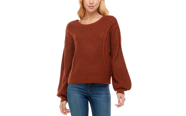  Juniors’ Mixed-Knit Strappy-Back Sweater, Umber, X-Large