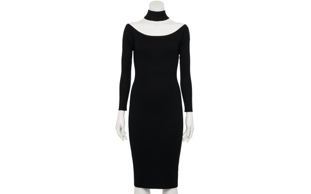  Womens Black Cold Shoulder Ribbed Long Sleeve Mock Neck Midi Cocktail Sweater Dress Juniors XL