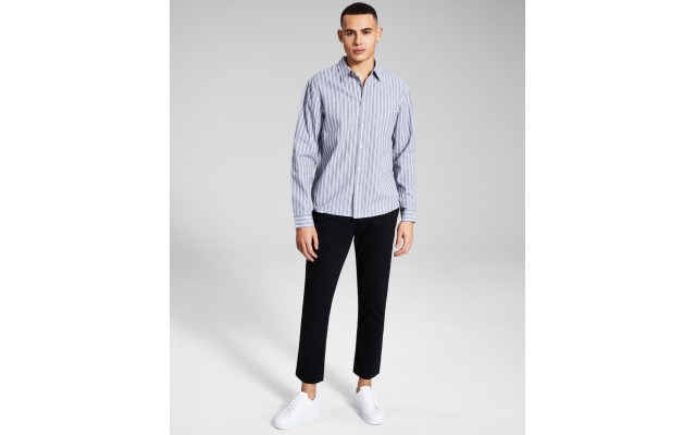  Men’s Striped Oxford Shirt, Grey/White, Small
