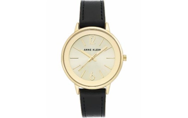  3184CHBK Womens Gold Tone Dial Leather Strap Watch, Black/Gold