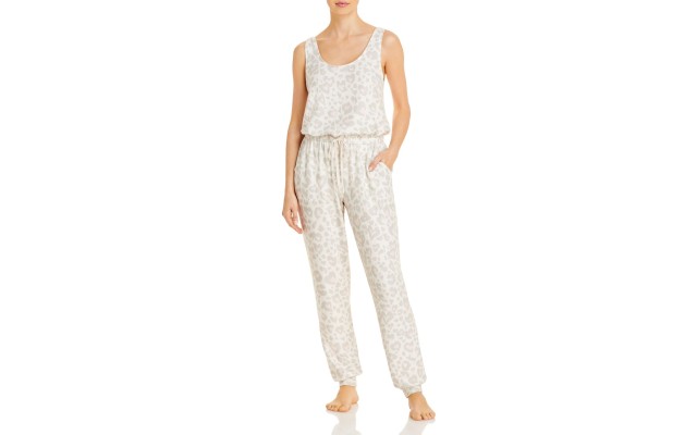  Womens Animal Print Drawstring Jumpsuit, Stone Leopard, X-Large