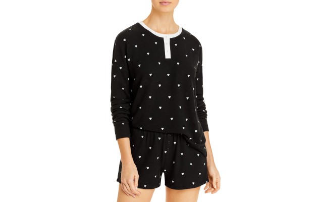  Women's Heart Print Long Sleeve And Short Pajama Sets, Black, Medium
