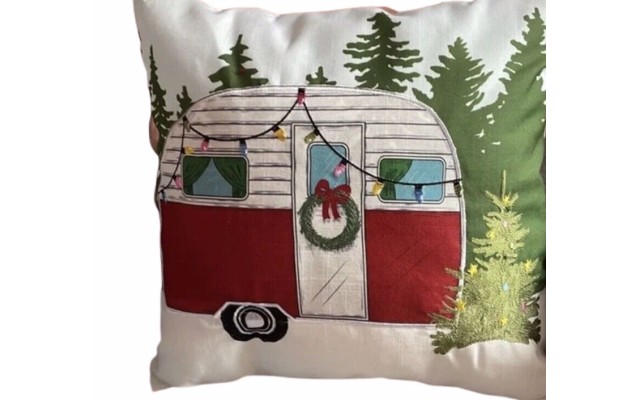  Camper Van & String Lights Christmas Pillow, Red/White