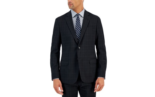  Men’s Slim-Fit Black Windowpane Wool Suit Jacket, Black, 40S