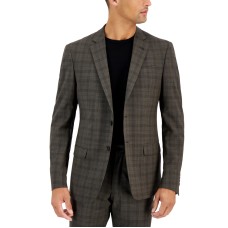 Armani Exchange Mens Slim-Fit Black Windowpane Wool Suit Jacket, Brown, 36S