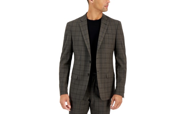  Mens Slim-Fit Black Windowpane Wool Suit Jacket, Brown, 36S