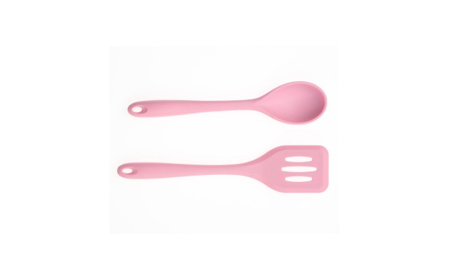 Art & Cook 2 Piece Silicone Slotted Turner and Solid Spoon Set, Pink