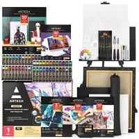 Arteza Acrylic Paint Kit, Portable Art Set with Easel, Carrying Case, 10 Brushes, 2 Stretched Canvases, 48 Acrylic Paint Tubes, Art Supplies for Aspiring Artists and Holiday Gift Giving