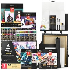 Arteza Acrylic Paint Kit, Portable Art Set with Easel, Carrying Case, 10 Brushes, 2 Stretched Canvases, 48 Acrylic Paint Tubes, Art Supplies for Aspiring Artists and Holiday Gift Giving