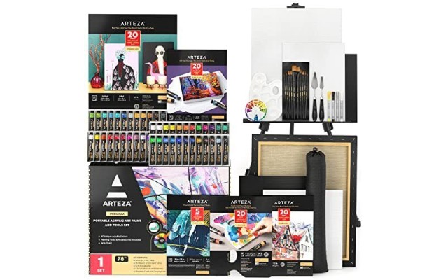  Acrylic Paint Kit, Portable Art Set with Easel, Carrying Case, 10 Brushes, 2 Stretched Canvases, 48 Acrylic Paint Tubes, Art Supplies for Aspiring Artists and Holiday Gift Giving