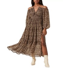 Astr The Label Women’s Ciri Printed Split-Neck Dress, Brown Yellow Ditsy, Small