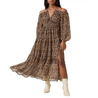 Astr The Label Women’s Ciri Printed Split-Neck Dress, Brown Yellow Ditsy, XS