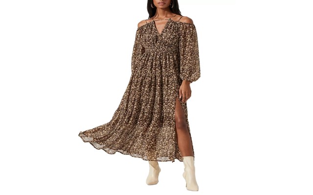 Women’s Ciri Printed Split-Neck Dress, Brown Yellow Ditsy, XS