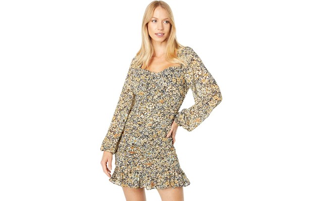  Womens Marcella Printed Ruched Ruffled Mini Dress, Yellow/M
