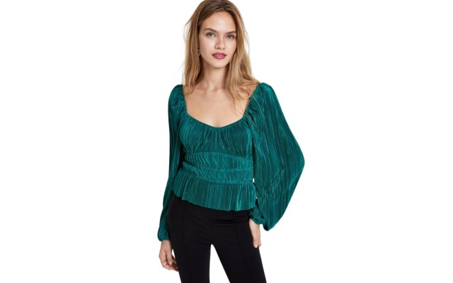  Women’s Ziva Pleated Balloon-Sleeve Top, Hunter Green, XS