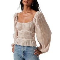 Astr the Label Women’s Ziva Pleated Balloon-Sleeve Top, Pearl, Medium