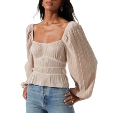 Astr the Label Women’s Ziva Pleated Balloon-Sleeve Top, Pearl, Medium