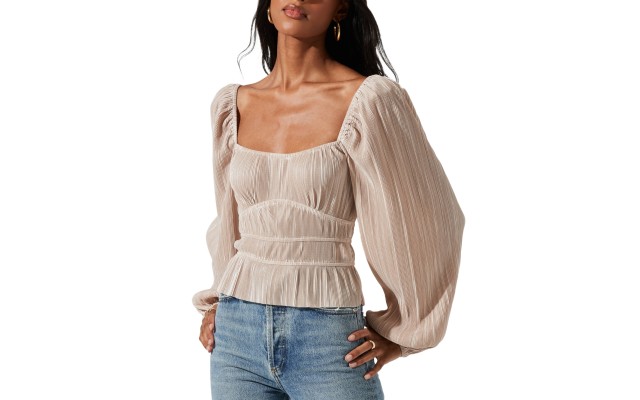  Women’s Ziva Pleated Balloon-Sleeve Top, Pearl, XL