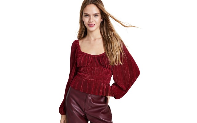  Women’s Ziva Pleated Balloon-Sleeve Top, Wine, Large