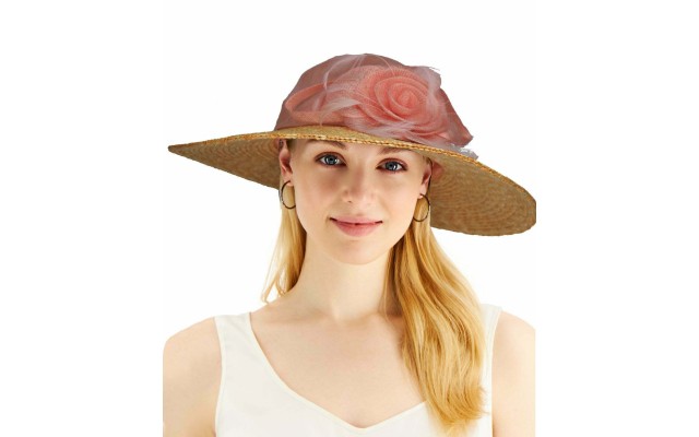  Fine Millinery Bow & Feather Accented Mesh Straw Hat, Pink