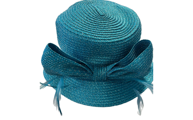  Metallic Bow Cloche Hat, Turquoise