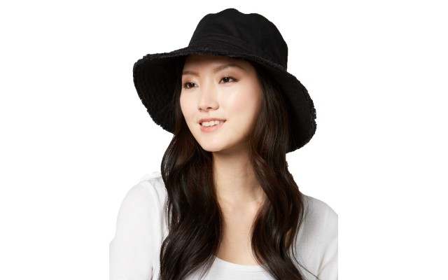  Cotton Frayed Edge Bucket Hat (Black, One Size)
