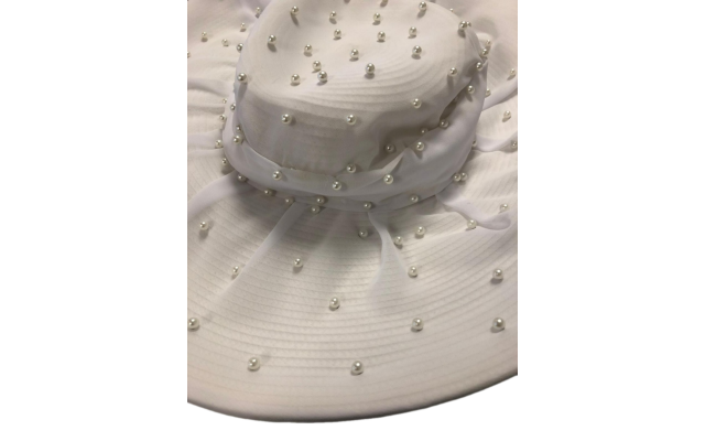  White Pearl Widebrim Hat Church Derby Ornate One Size