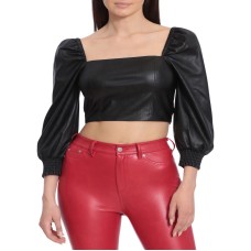 Avec Les Filles Women’s Faux-Leather Crop Top, Black, Large