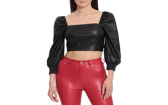  Women’s Faux-Leather Crop Top, Black, Large