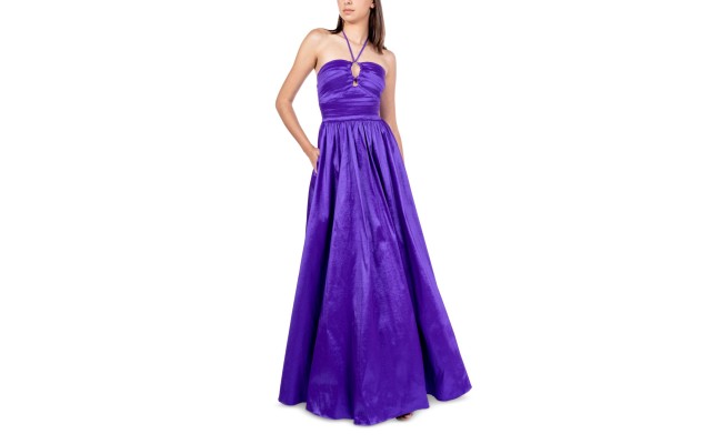 B Darlin Juniors’ Halter-Tie Taffeta Gown Dress, Purple, 1/2