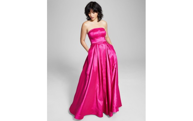  Juniors’ Strapless Stretch Taffeta Ball Gown Dress, Pink, 5/6