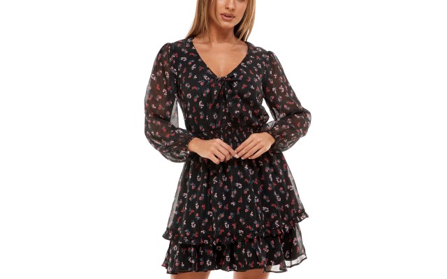 B Darlin Womens Juniors’ Floral Fit & Flare Dress, Black/5-6