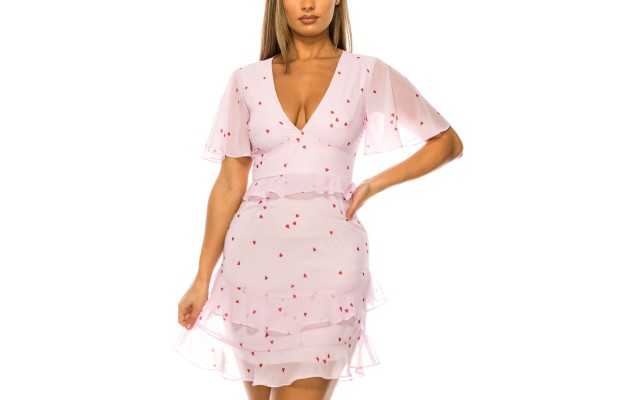 B Darlin Womens Juniors’ Flutter Sleeve V-Neck A-Line Dress, Light Pink/7-8